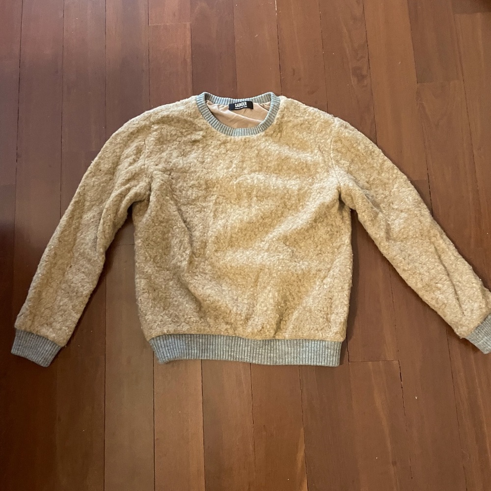 Designer Saunder New York Sample tan Teddy crewneck sweatshirt / sweater